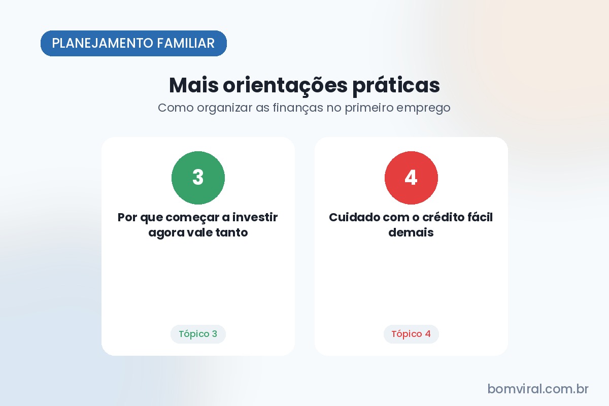 Ilustração com os tópicos abordados no artigo: Por que começar a investir agora vale tanto e Cuidado com o crédito fácil demais