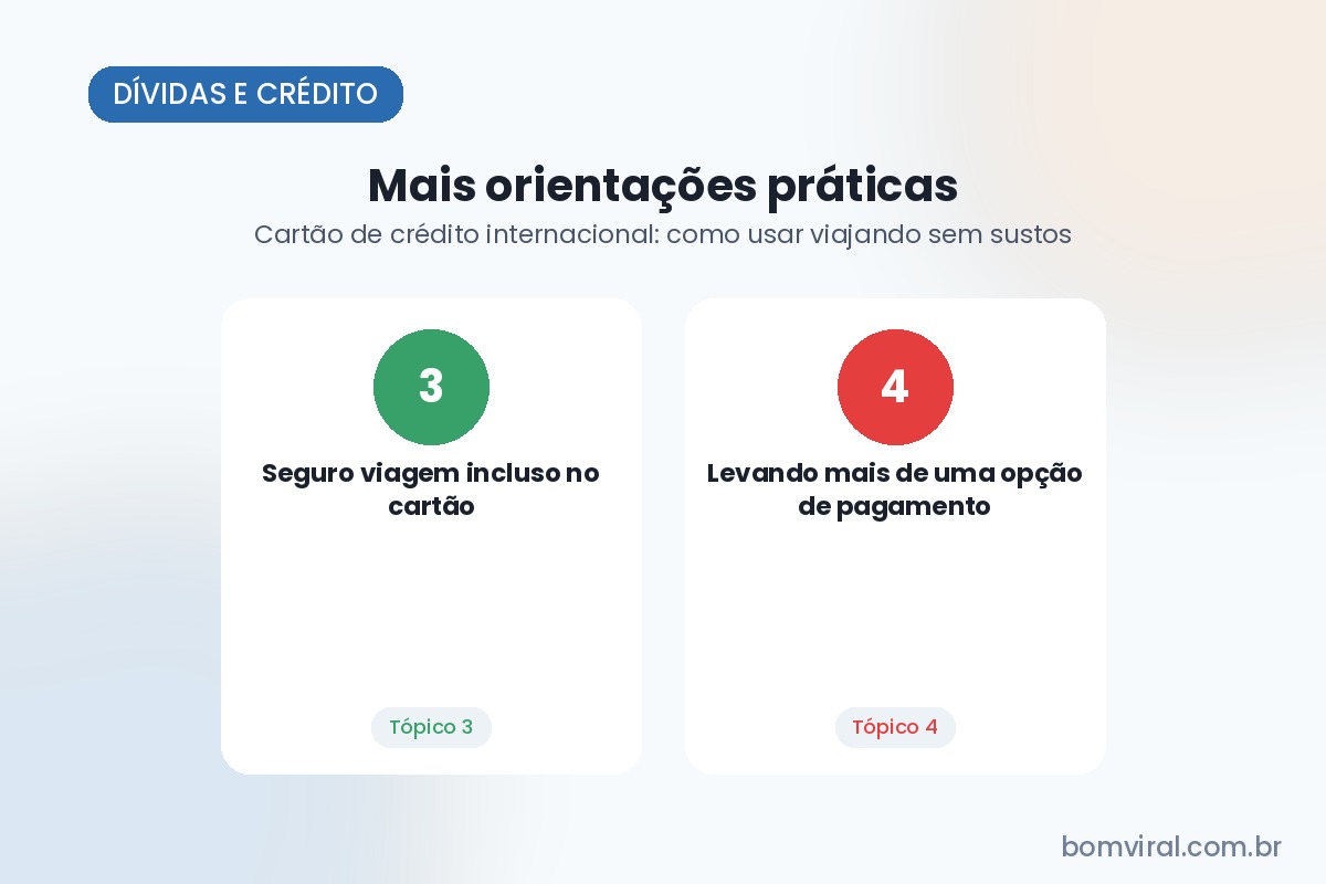 Ilustração com os tópicos abordados no artigo: Seguro viagem incluso no cartão e Levando mais de uma opção de pagamento