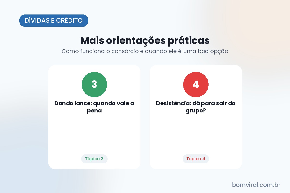 Ilustração com os tópicos abordados no artigo: Dando lance: quando vale a pena e Desistência: dá para sair do grupo?